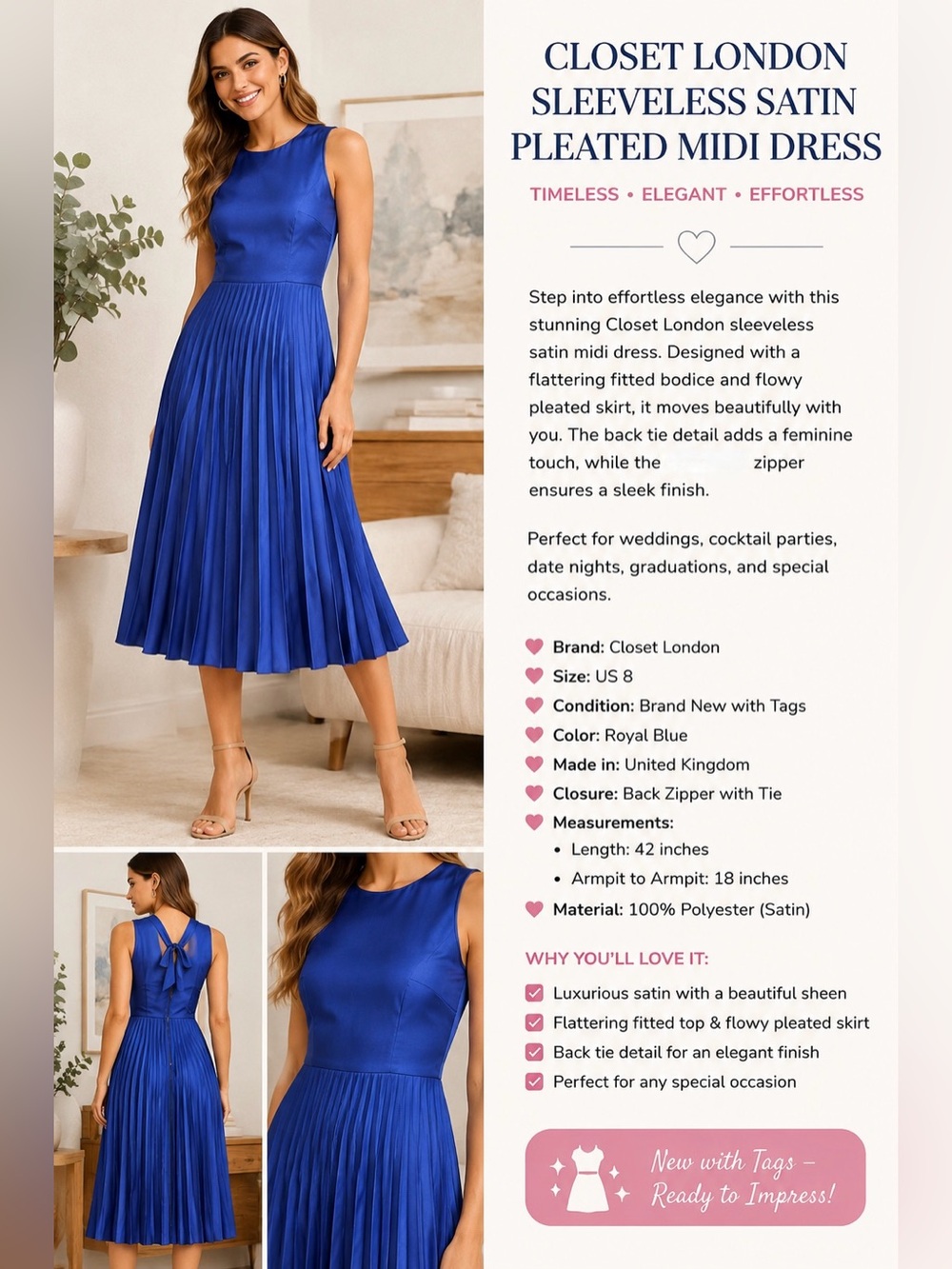 Closet Blue Sleeveless Pleated Midi Dress Size-8